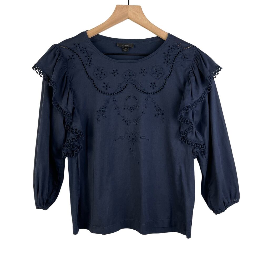 J.Crew Navy Eyelet Embroidered Top Ruffle Sleeve‎ Cotton Blouse XS